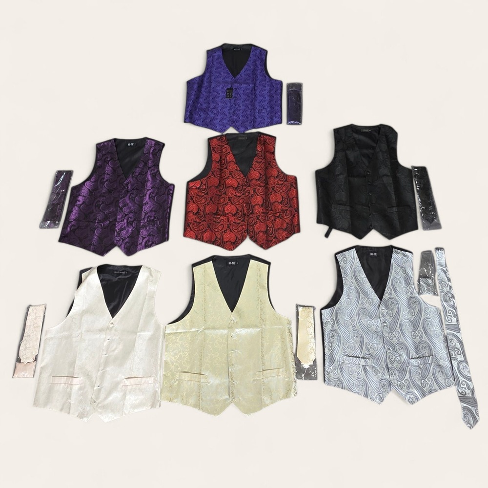 Hi-Tie & Barry Wang Mens Vest Lot 7pc Paisley Jacquard XL/L Multi Formal Wedding